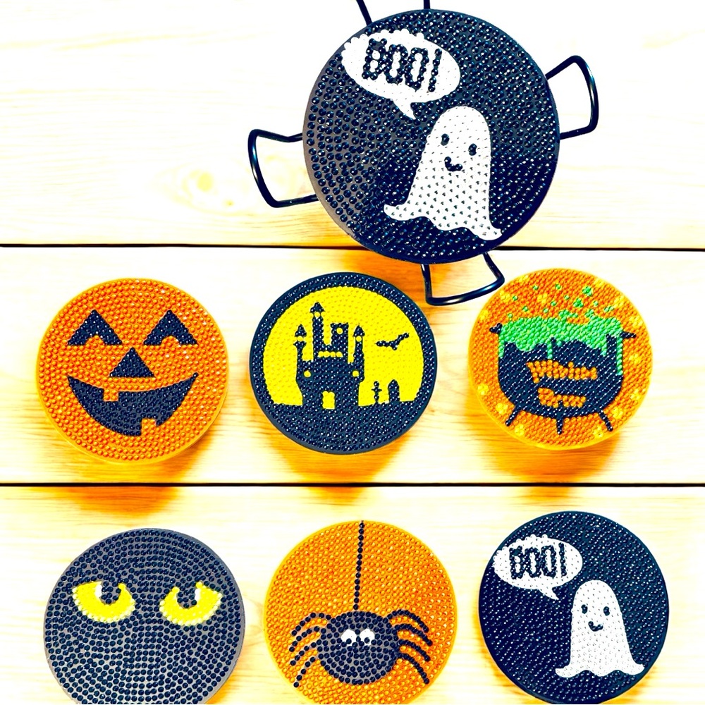 Coasters Set of 6 Halloween Variety with Holder 
Hand Crafted & Sealed 4”